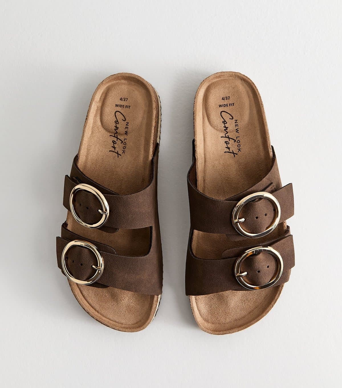 New Look Women's Wide Fit Brown Faux Suede Round Buckle Sandals Vegan New Look