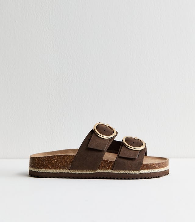 New Look Women's Wide Fit Brown Faux Suede Round Buckle Sandals Vegan New Look - 3