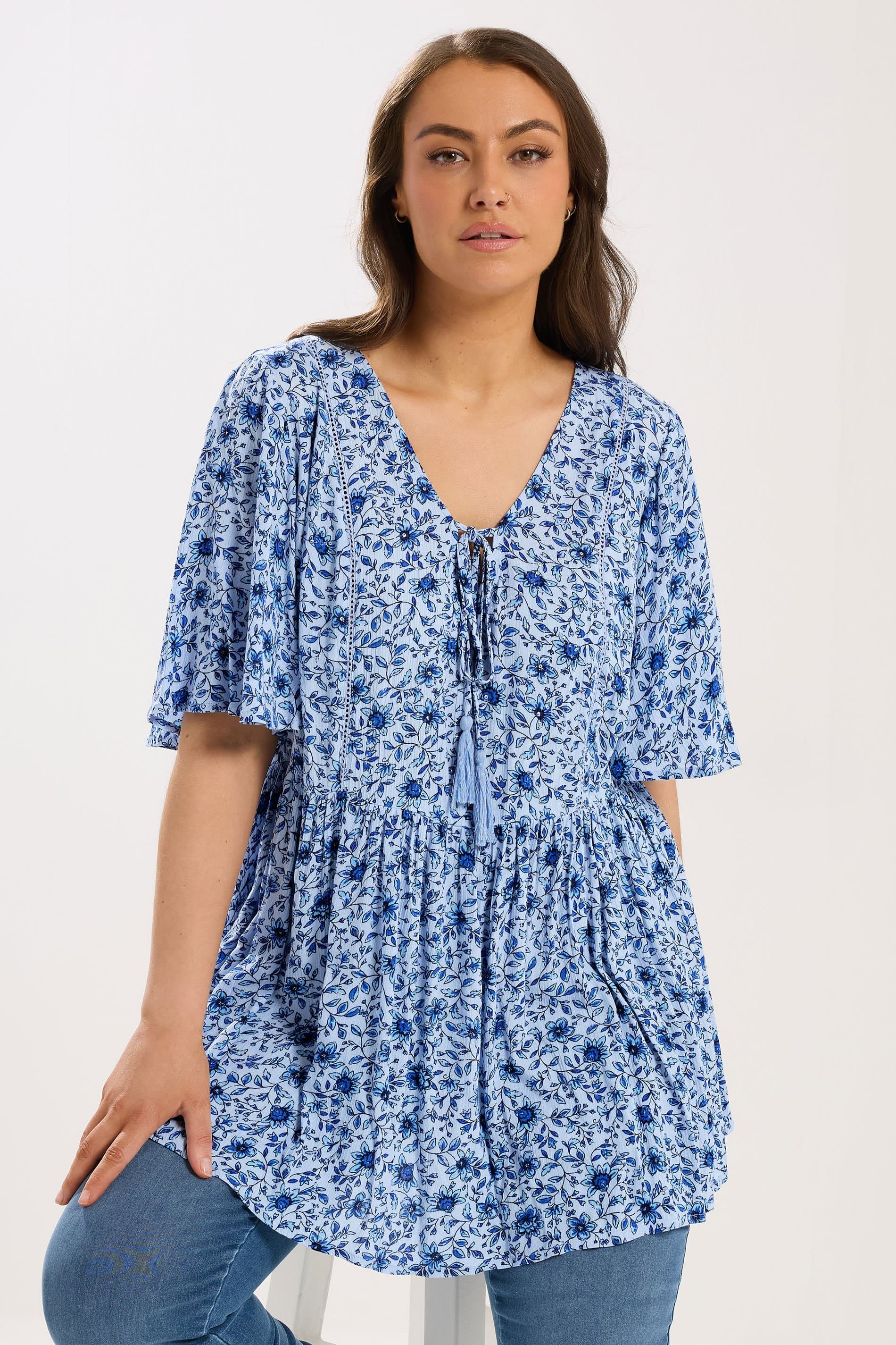 Yours Plus Size Blue Floral Embellished Tie Neck Top
