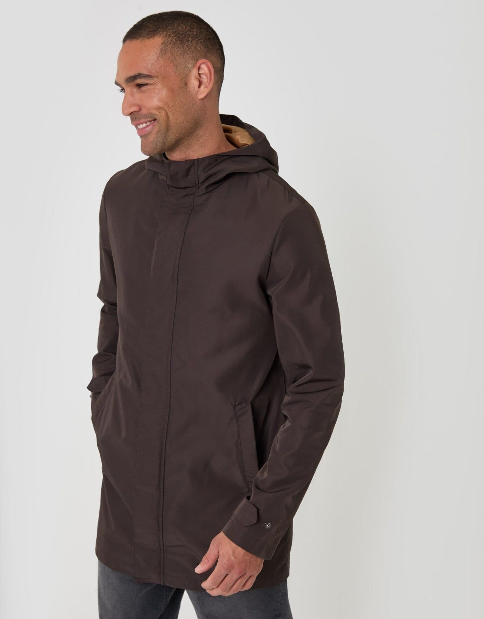 Threadbare threadbare Men's Showerproof Hooded Longline Mac in Brown