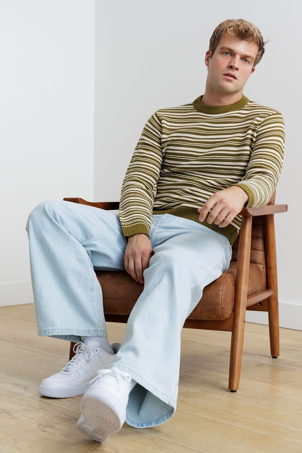 Influence Influence Men's Crew Neck Striped Long Sleeve Knit Jumper in Khaki
