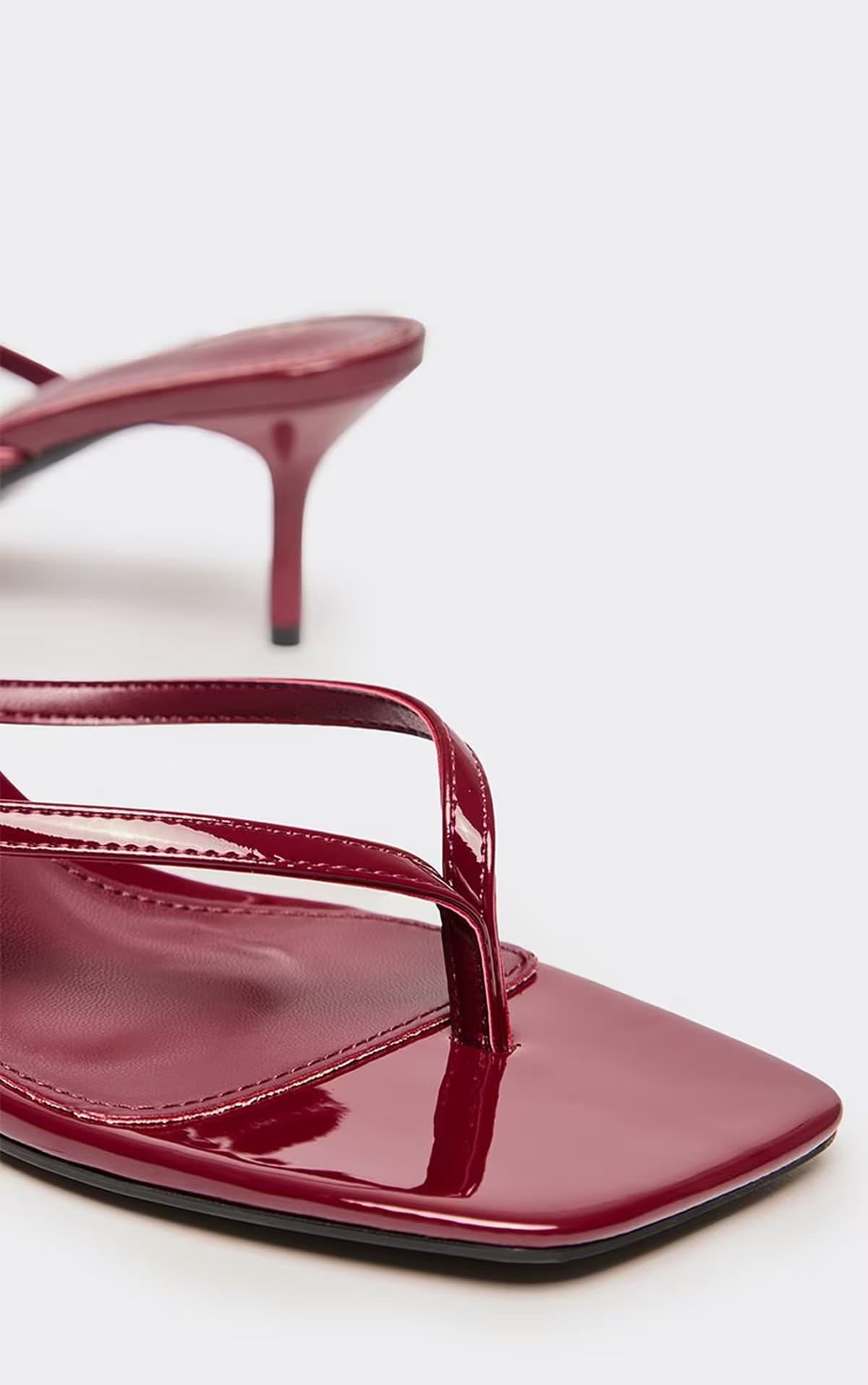 EGO Celeste Thong Strap Square Toe Heeled Mule In Burgundy Patent, Women's Size UK 3