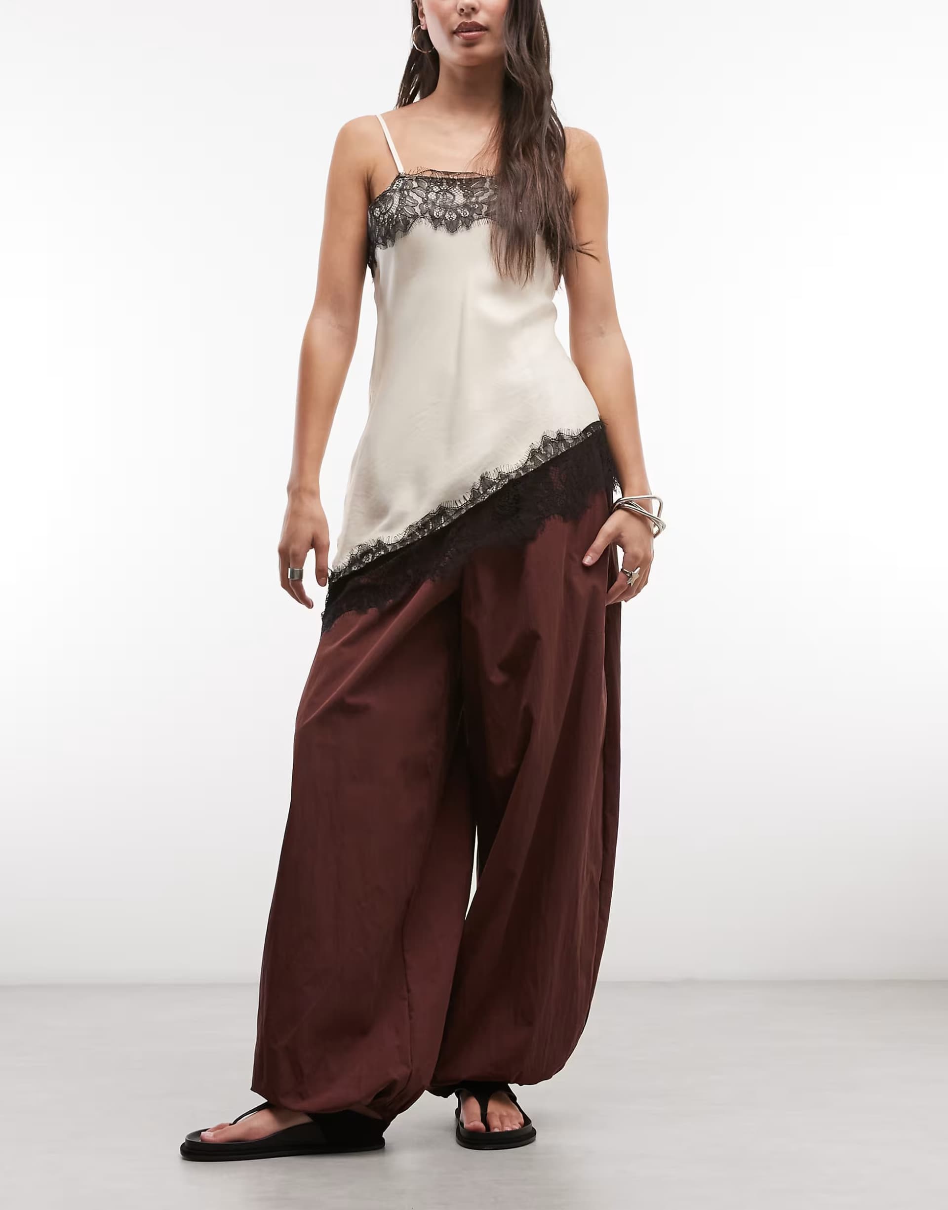 ASOS ASOS DESIGN cotton nylon blend pull on balloon trousers in brown