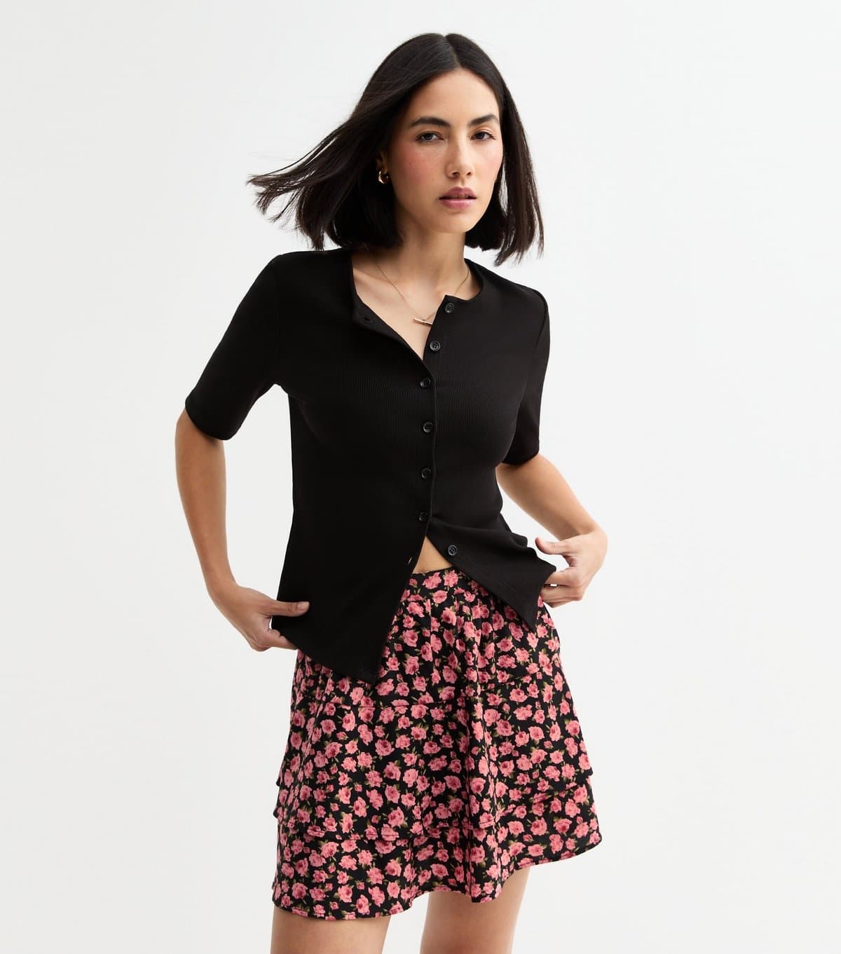 New Look Women's Pink Rose Print Tiered Mini Skirt New Look