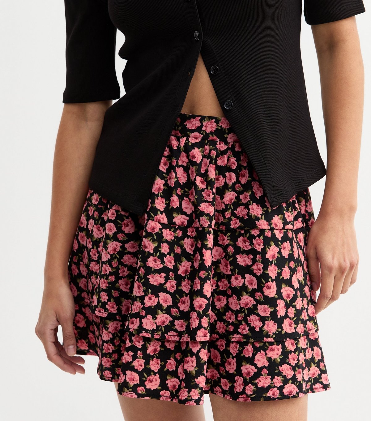 New Look Women's Pink Rose Print Tiered Mini Skirt New Look - 3