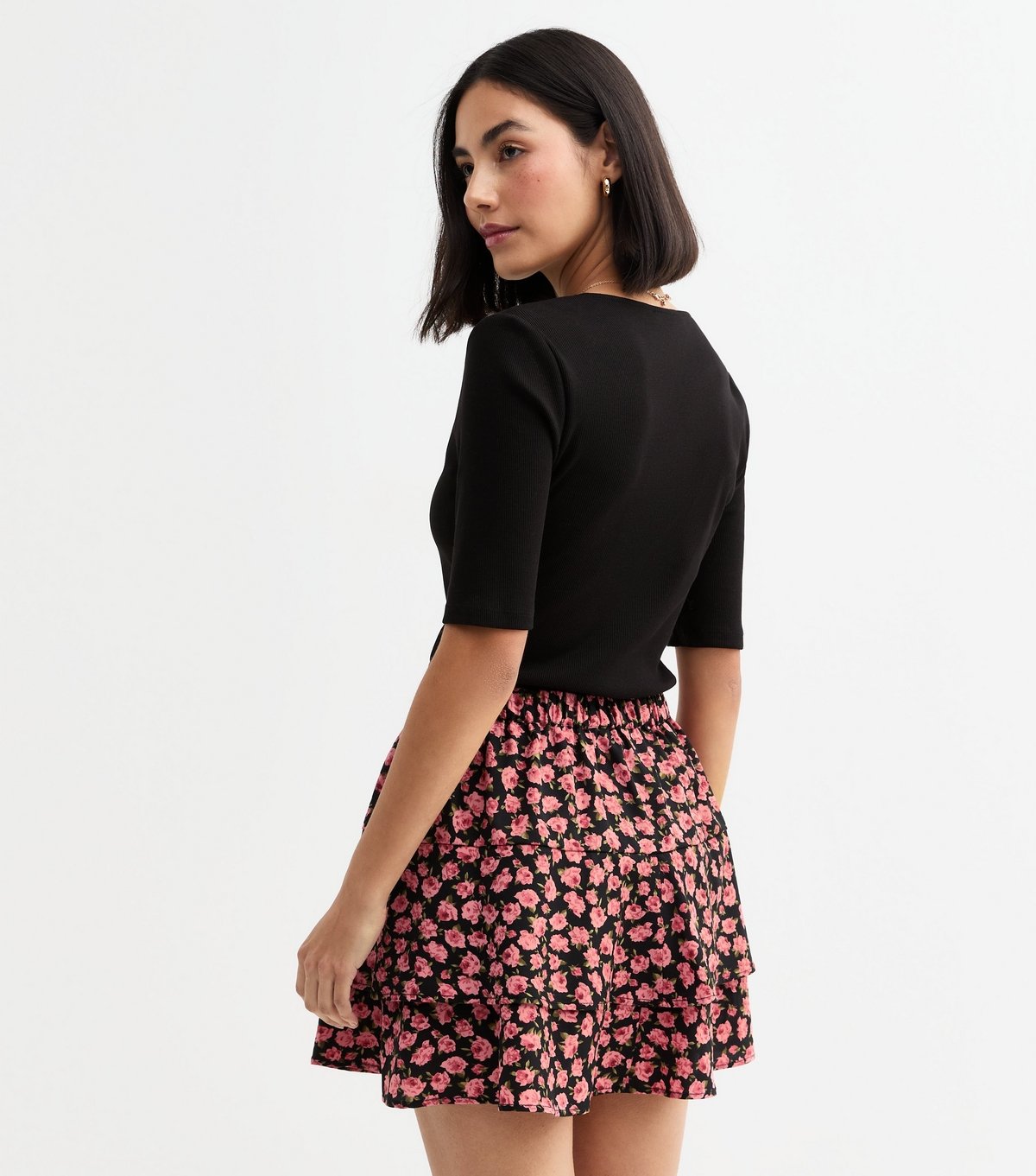 New Look Women's Pink Rose Print Tiered Mini Skirt New Look - 4