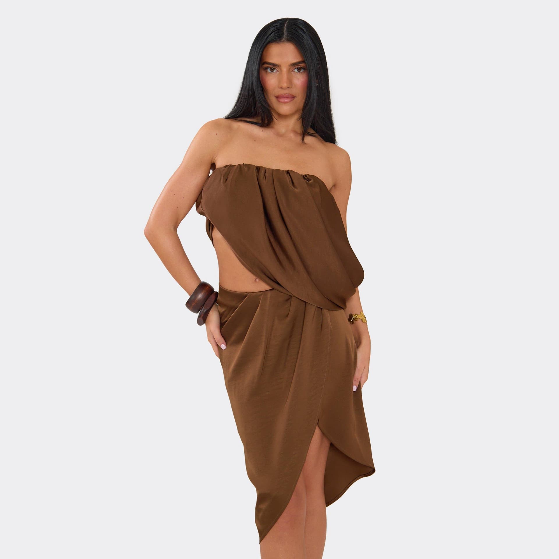 EGO Bandeau Asymmetric Ruched Top In Chocolate Brown Satin, Women's Size UK 8