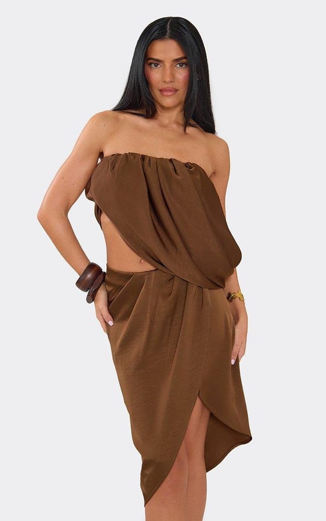 EGO Bandeau Asymmetric Ruched Top In Chocolate Brown Satin, Women's Size UK 8 - 2