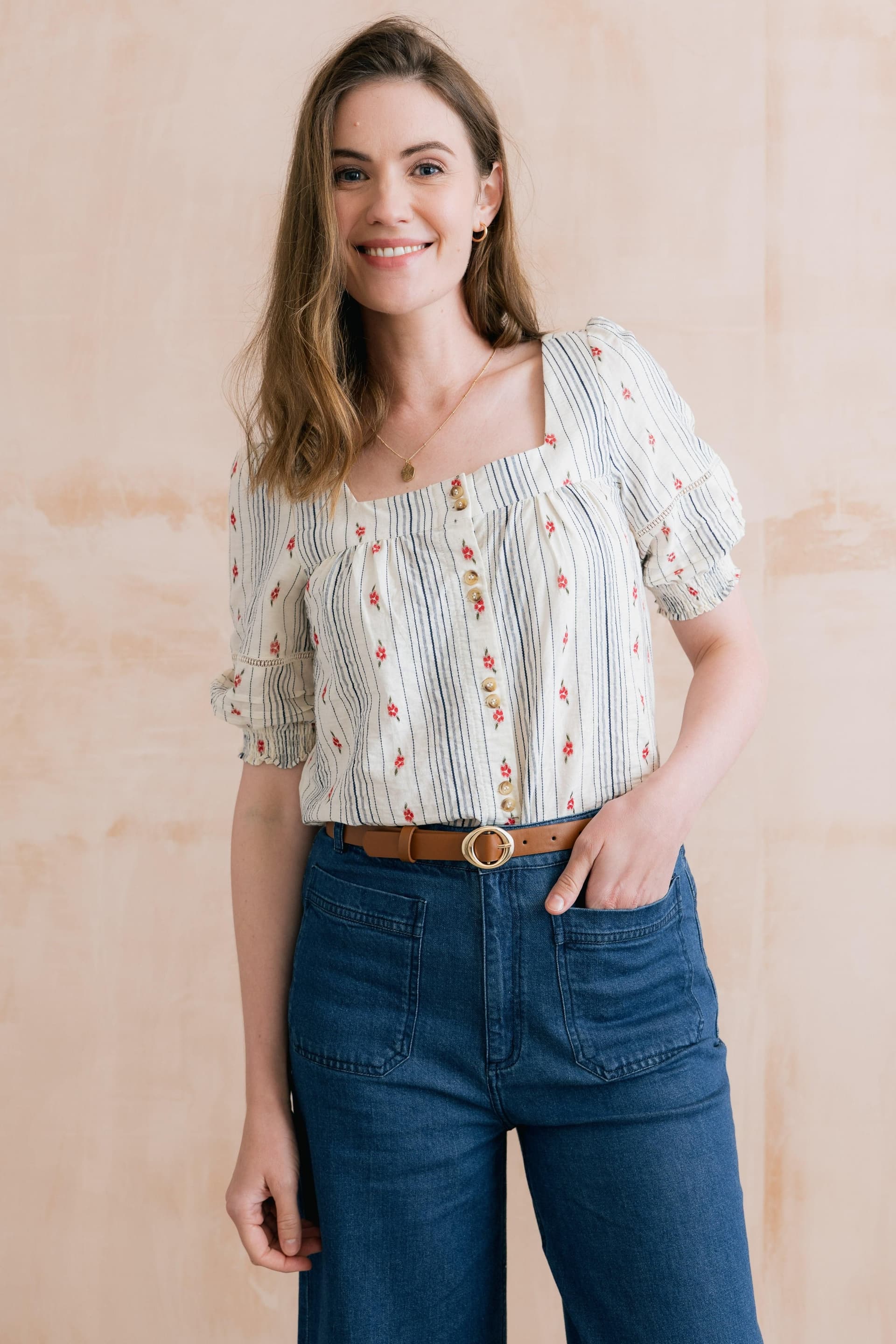 Lily & Me Lily & Me Women's Poppy Embroidered Stripe Blouse in Ecru