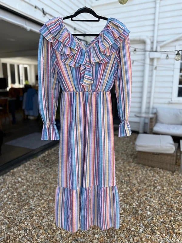 Gdg Actüel Striped Linen Look Ruffle Maxi Dress BNWT UK 12/14 Lined GDG Actuel