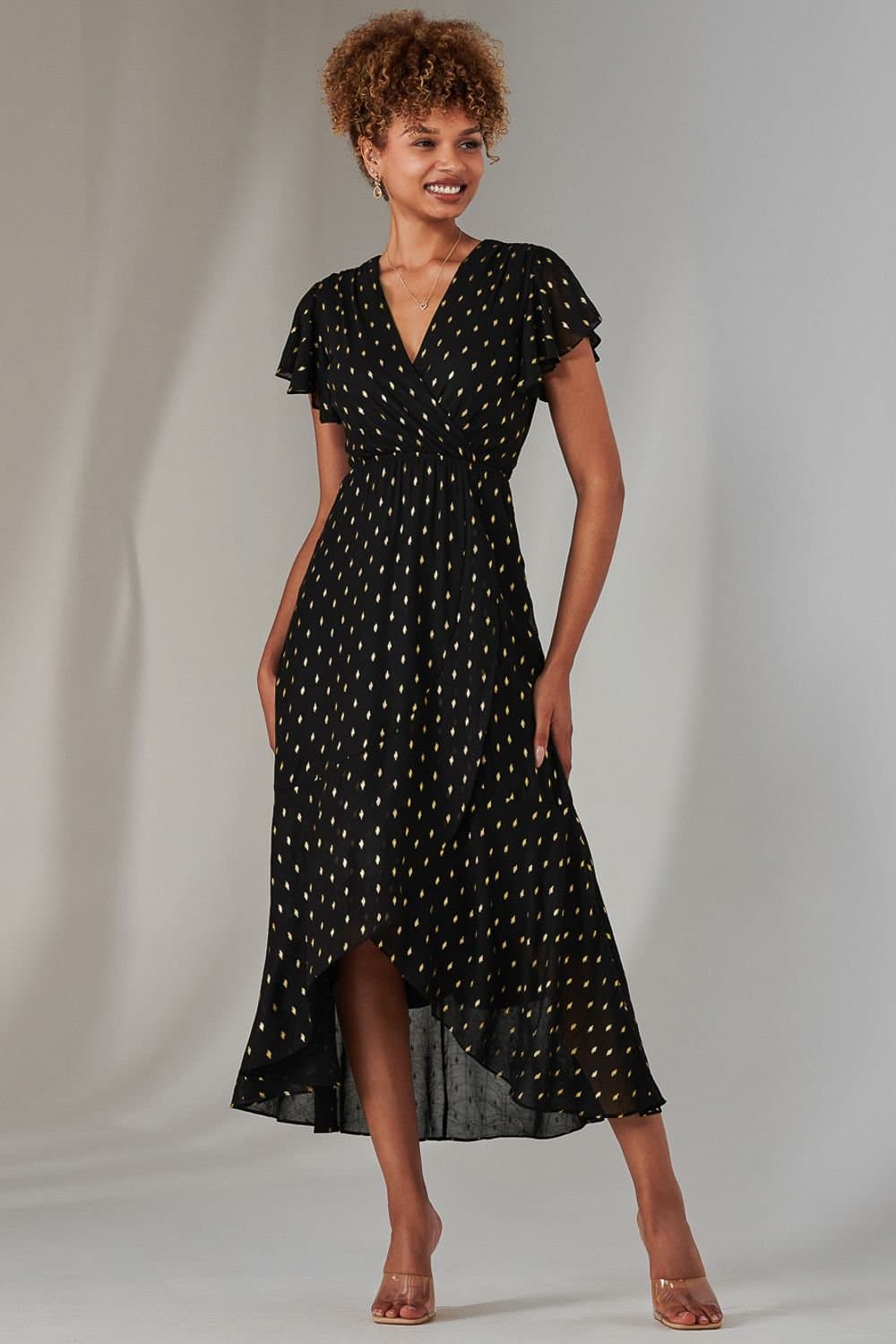 Jolie Moi Jolie Moi Women's Metallic Spot Textured Chiffon Maxi Dres in Black