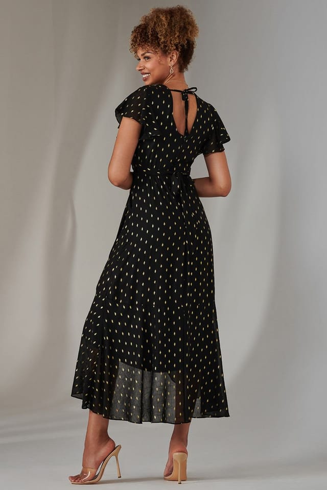 Jolie Moi Jolie Moi Women's Metallic Spot Textured Chiffon Maxi Dres in Black - 2