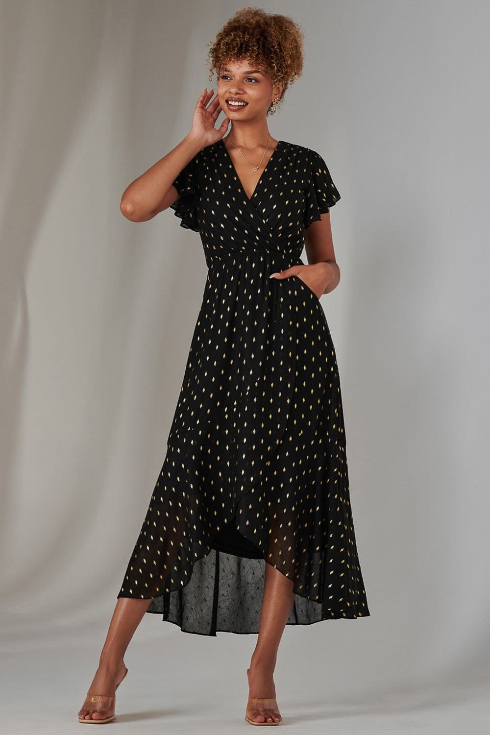 Jolie Moi Jolie Moi Women's Metallic Spot Textured Chiffon Maxi Dres in Black - 4