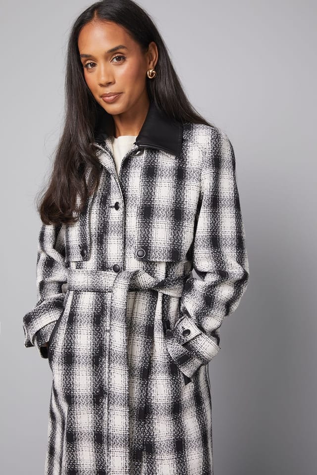 Wallis Wallis Women's Check Contrast Collar Trench Coat in Mono - 2