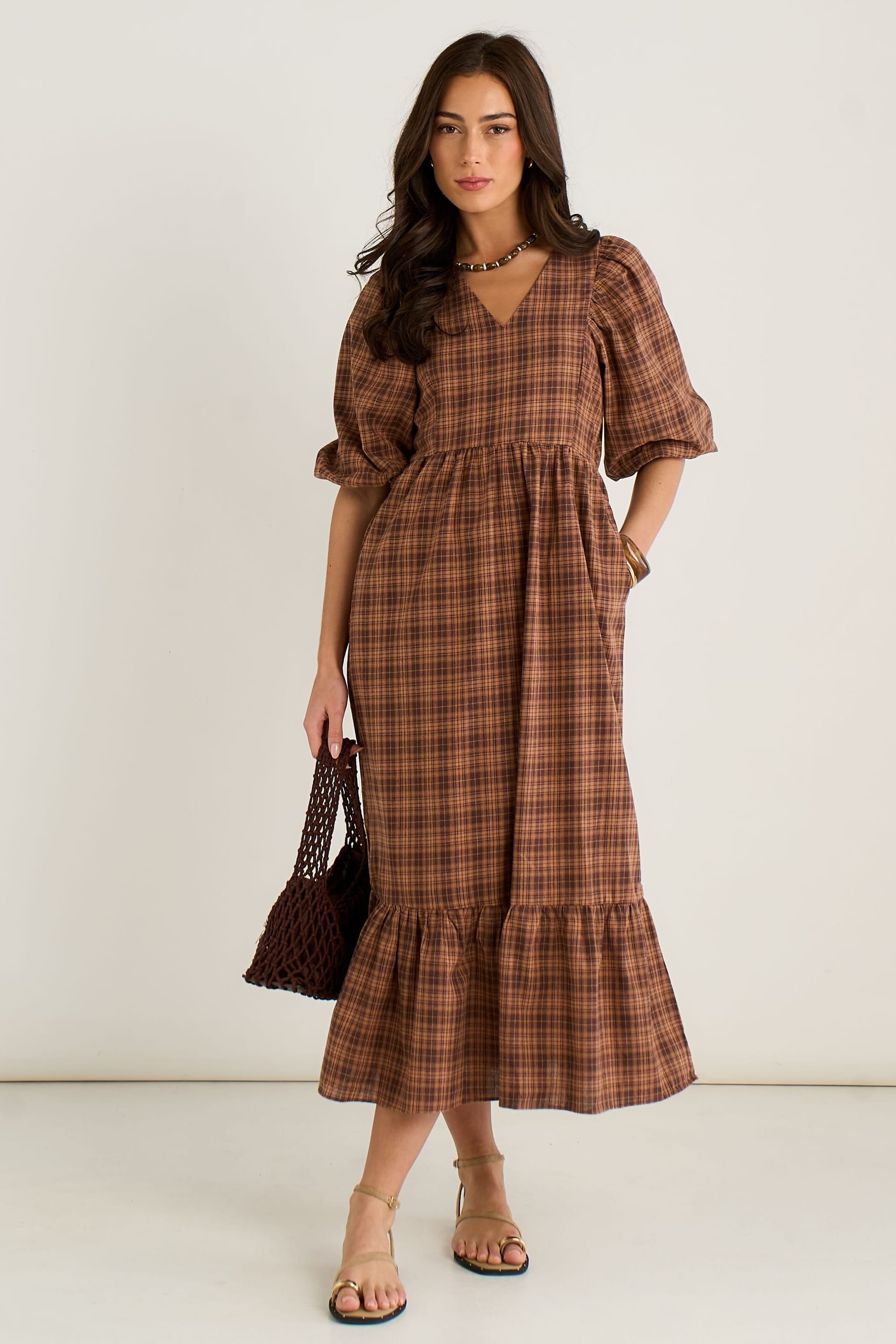Gini London Women's Brown Cotton Puff Sleeves V Neck Midi Dress