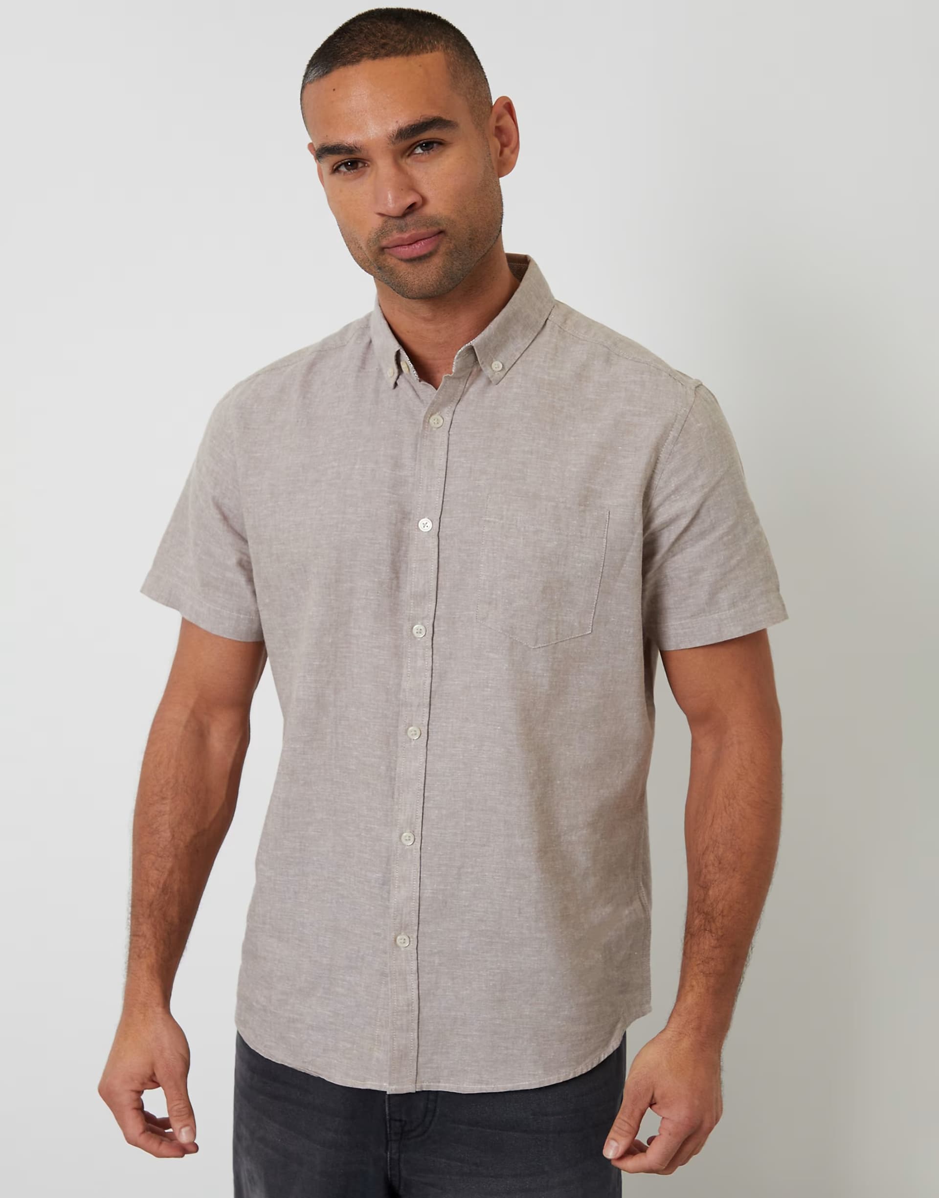 ASOS Threadbare Short sleeve linen blend shirt in taupe