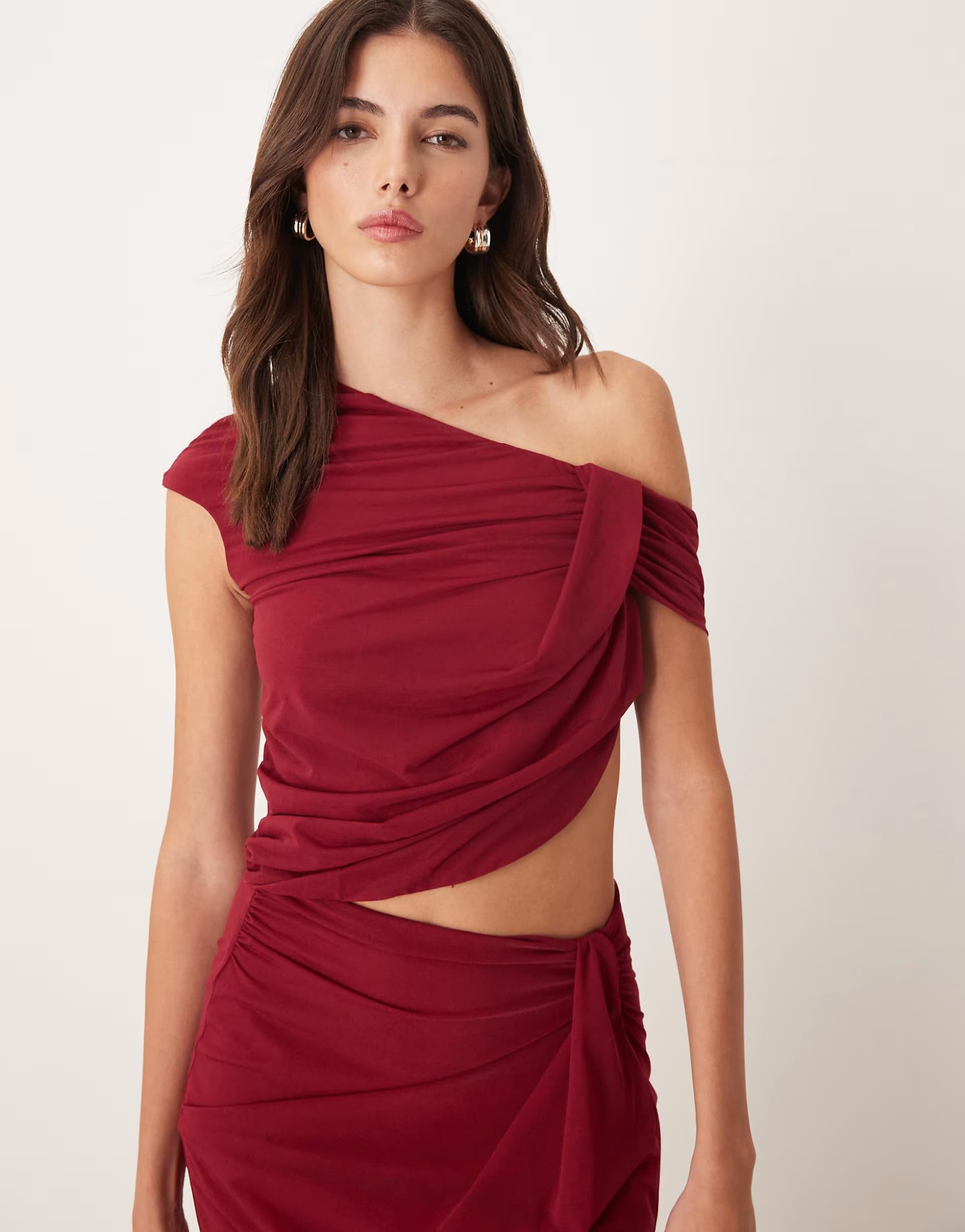 ASOS ASOS DESIGN co-ord semi sheer mesh asymmetric drape top in red