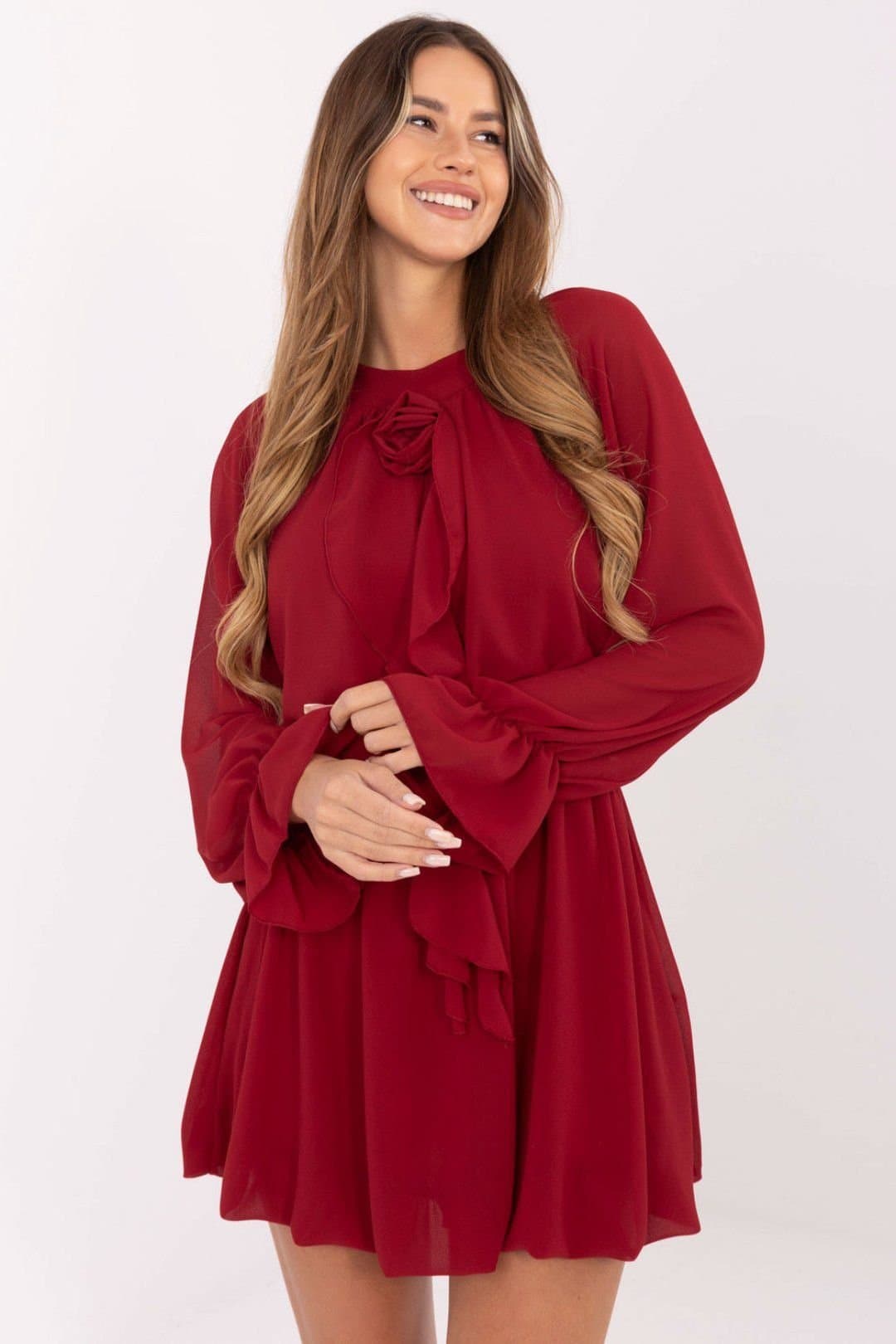 Love Lace Love Lace Women's Flared Cocktail Dress With Rose Jabot Ruffles Style 219077 in Red