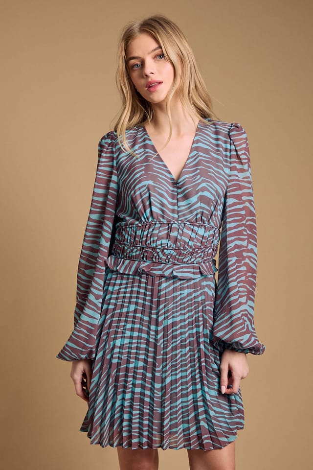 Oasis Oasis Women's Printed Pleated Skirt Long Sleeve Mini Dress in Duck Egg - 2