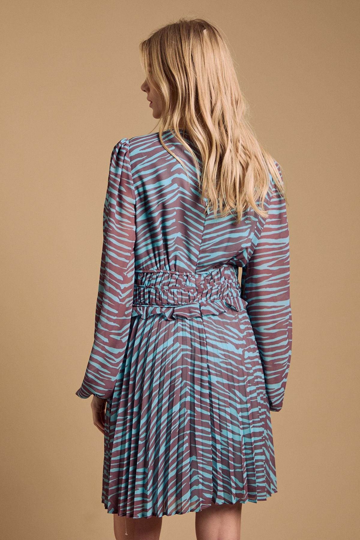 Oasis Oasis Women's Printed Pleated Skirt Long Sleeve Mini Dress in Duck Egg - 3