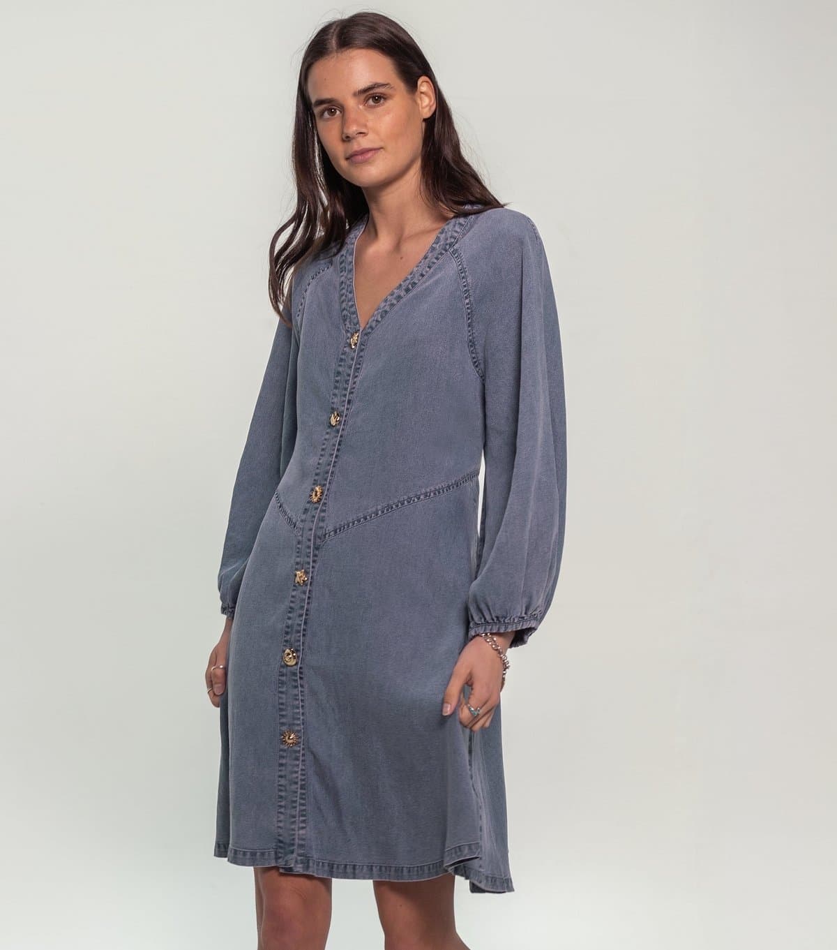 Sunshine Soul Women's Light Blue Textured Button Denim Mini Dress Sunshine Soul New Look