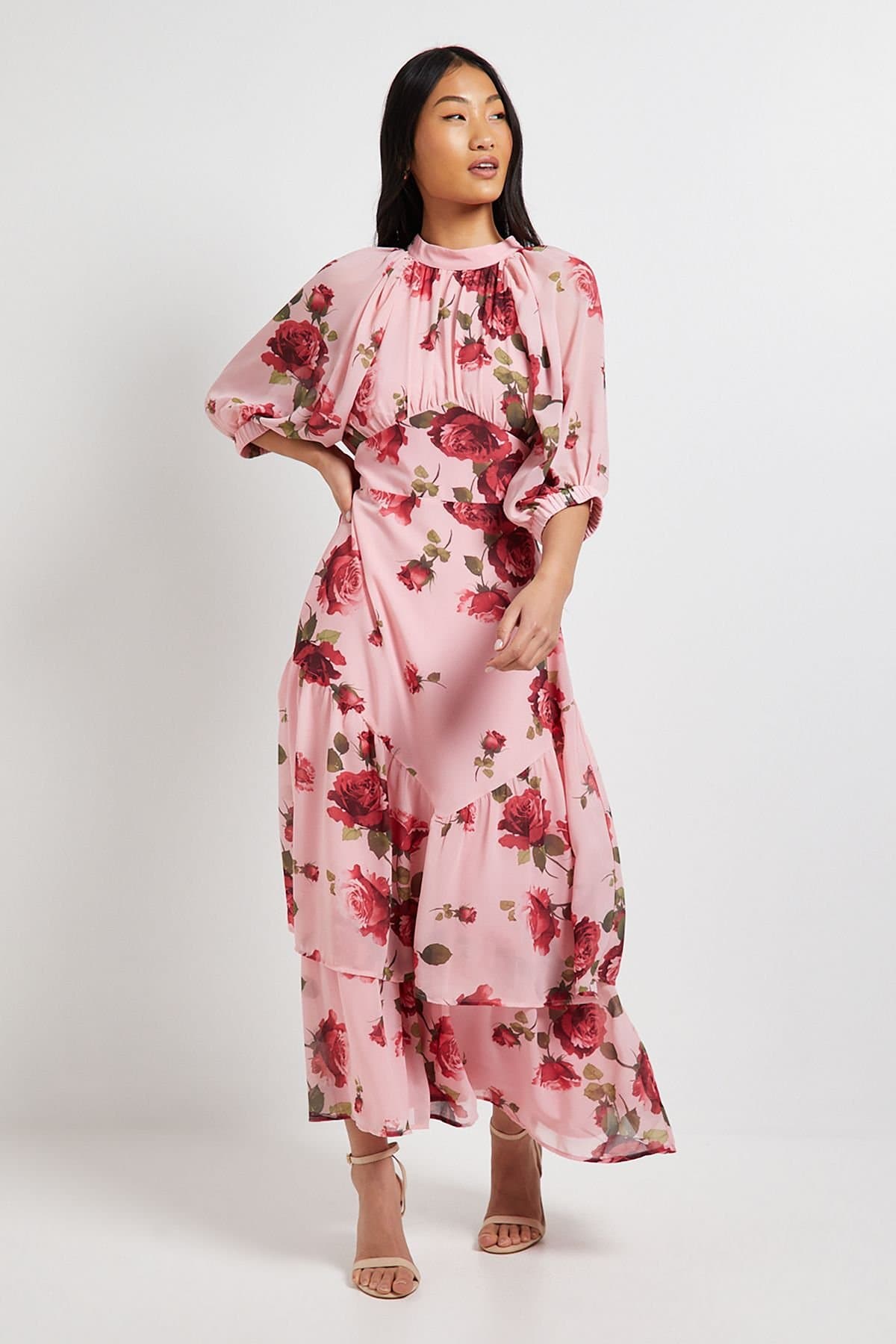 Dorothy Perkins Dorothy Perkins Women's DP Luxe Petite Printed Floral Chiffon Empire Waist Tiered Frill Maxi Dress in Pink