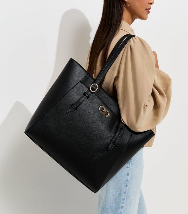 New Look Black Textured Faux Leather Slim Strap Tote Bag Vegan New Look - 2
