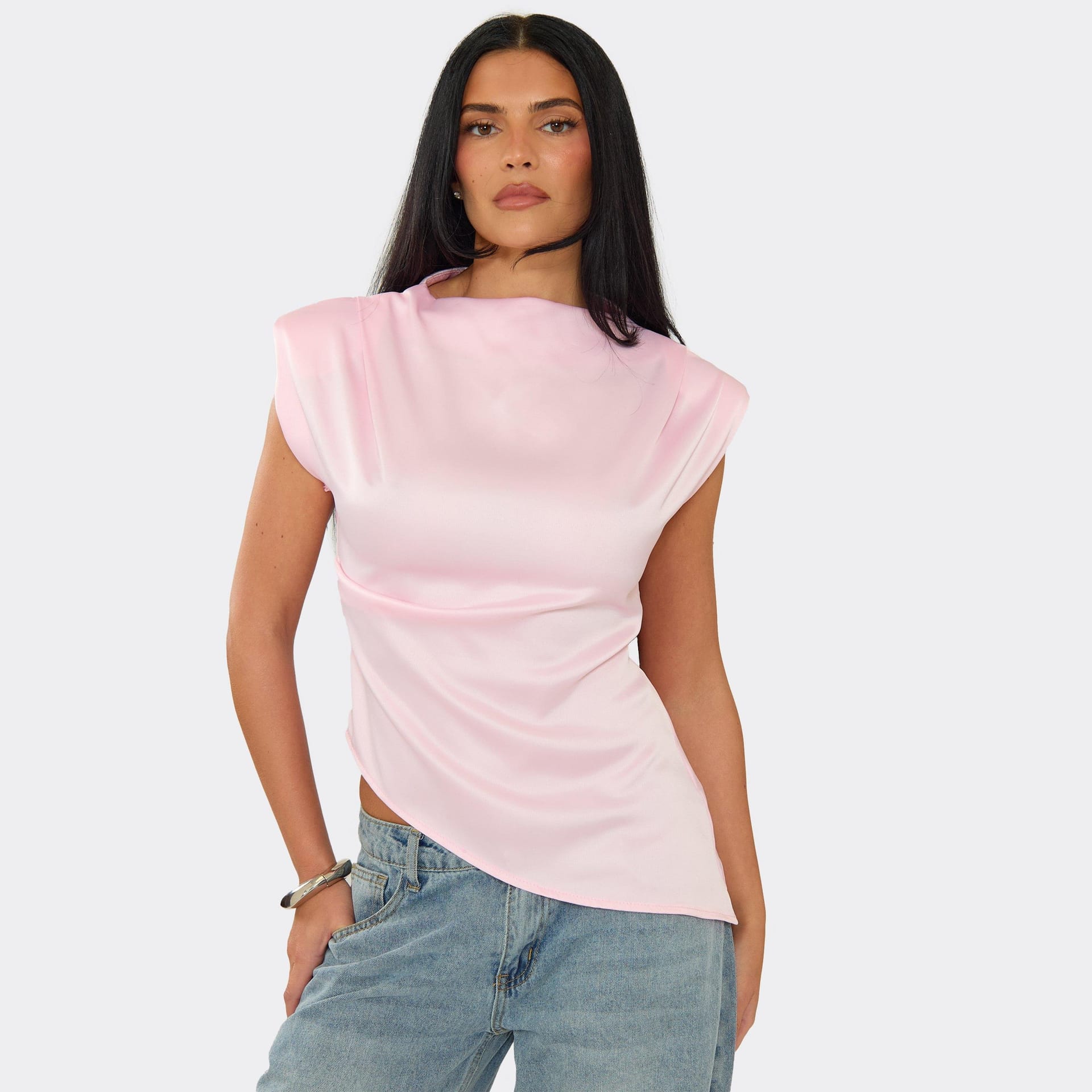 EGO Pink Satin Shoulder Pad Asymmetric Hem Top