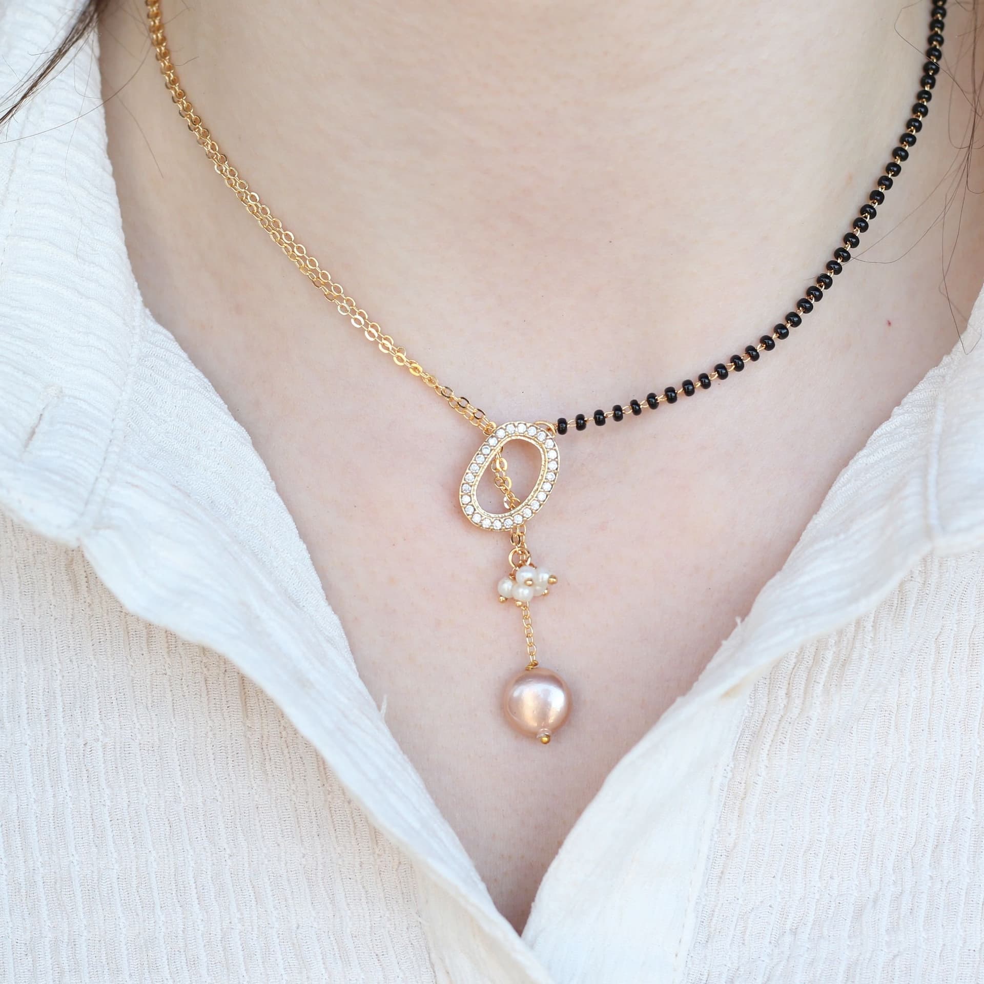 The Colourful Aura The Colourful Aura Gold Plated Black Bead Mangalsutra Necklace