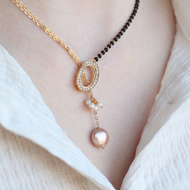 The Colourful Aura The Colourful Aura Women's Half Black Bead Gold plated Oval Pearl Y shape Lariat Mangalsutra - 2