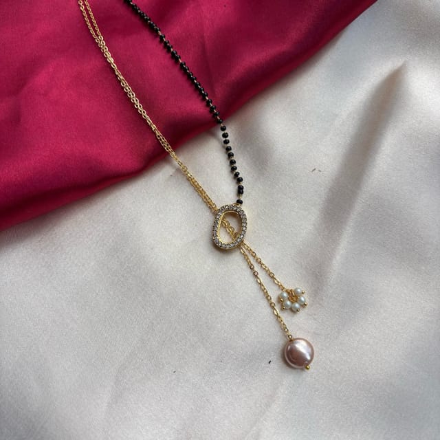 The Colourful Aura The Colourful Aura Women's Half Black Bead Gold plated Oval Pearl Y shape Lariat Mangalsutra - 3