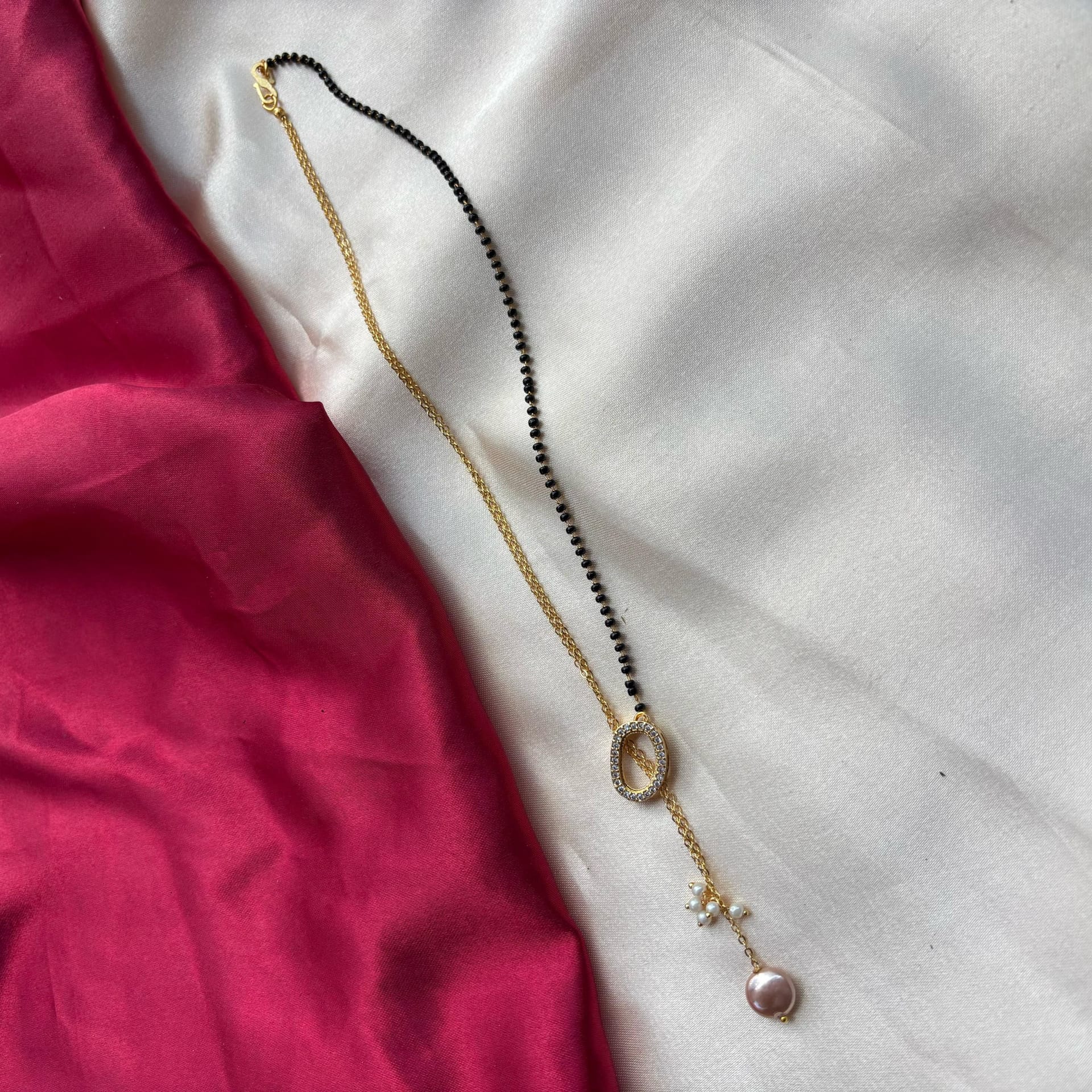 The Colourful Aura The Colourful Aura Women's Half Black Bead Gold plated Oval Pearl Y shape Lariat Mangalsutra - 4