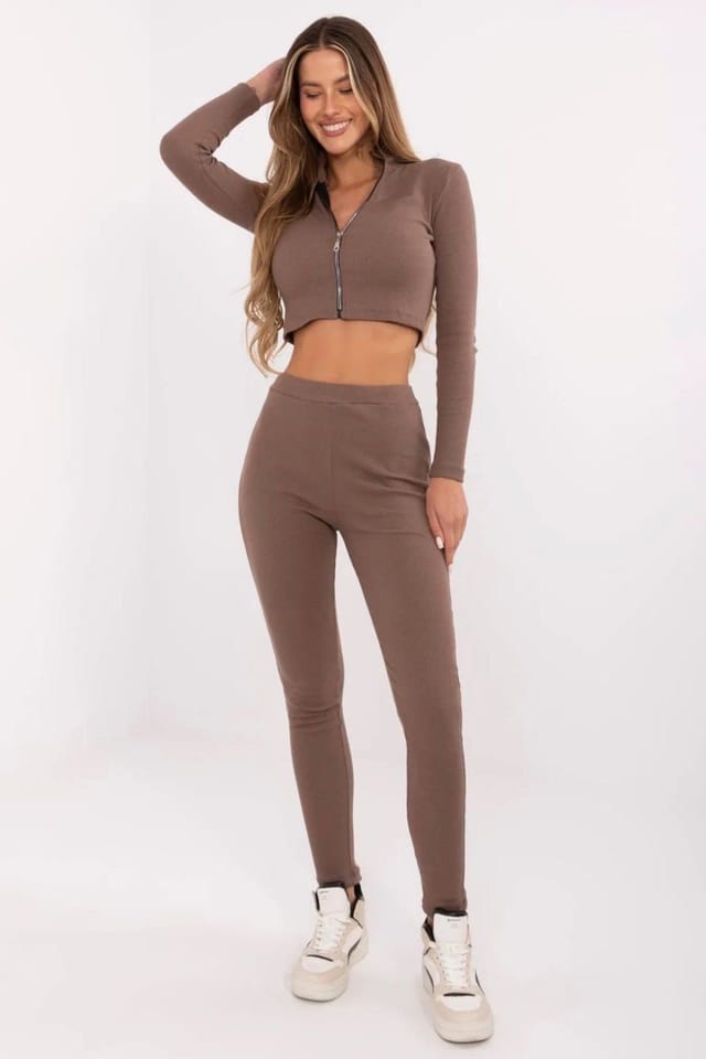 Love Lace Love Lace Women's Ribbed Zip Sweatshirt Tapered Trouser Set in Brown - 2