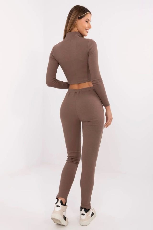 Love Lace Love Lace Women's Ribbed Zip Sweatshirt Tapered Trouser Set in Brown - 3