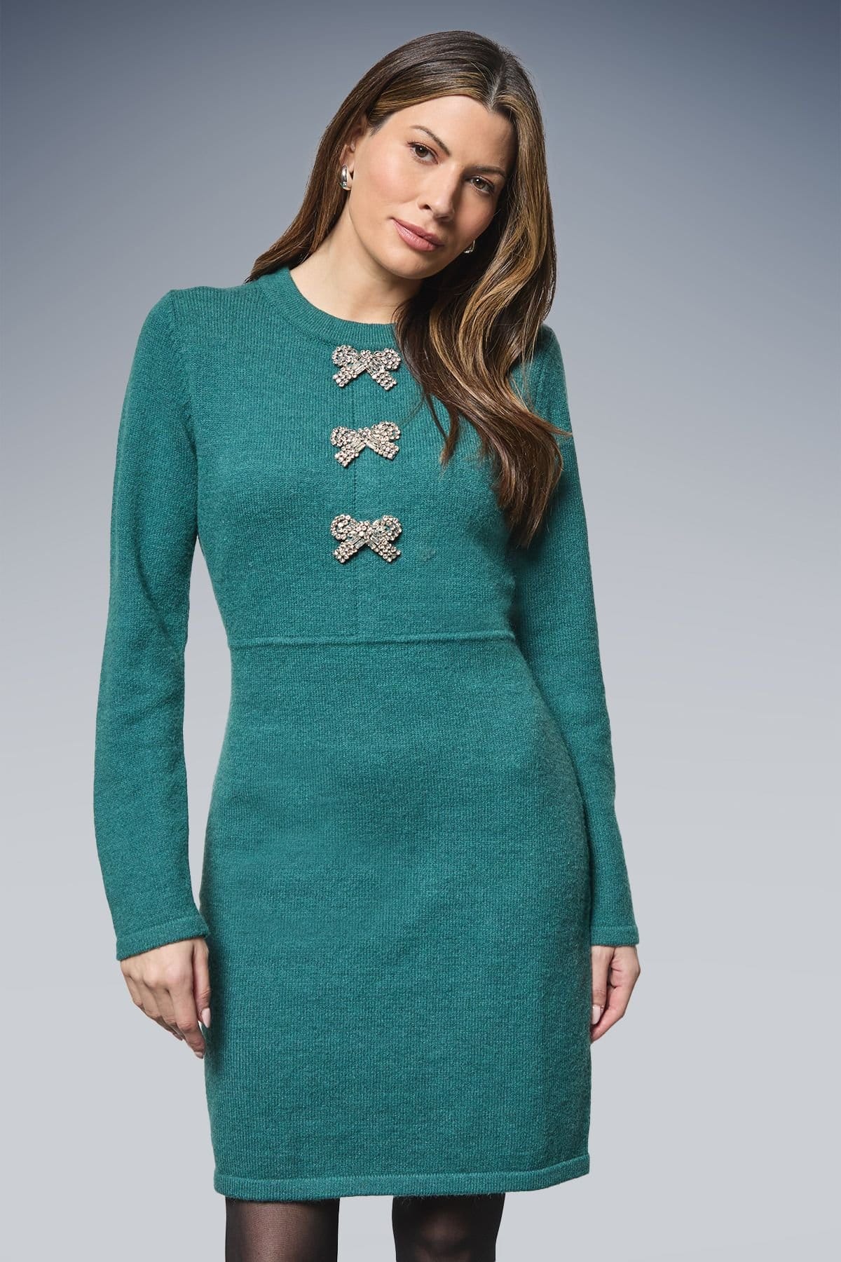 Wallis Wallis Women's Embellished Bow Fringe Detail Kitted Dress in Teal - 1