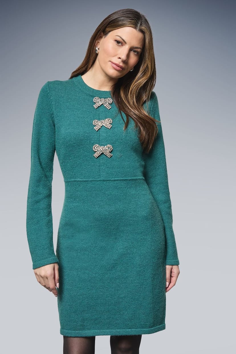 Wallis Wallis Women's Embellished Bow Fringe Detail Kitted Dress in Teal - 1