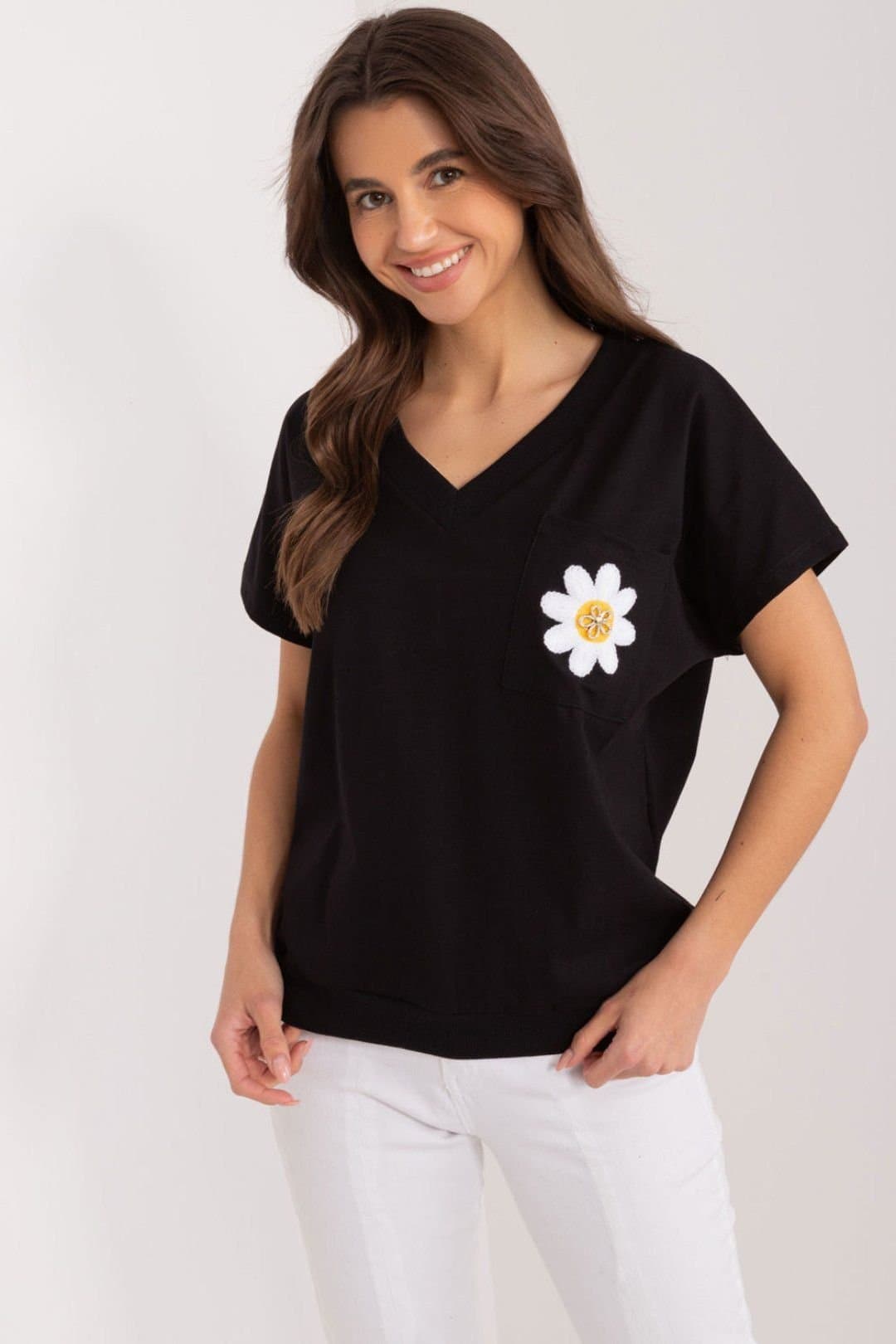 Love Lace Love Lace Women's Cotton Heart Neck Embroidered Flower Pocket Blouse in Black