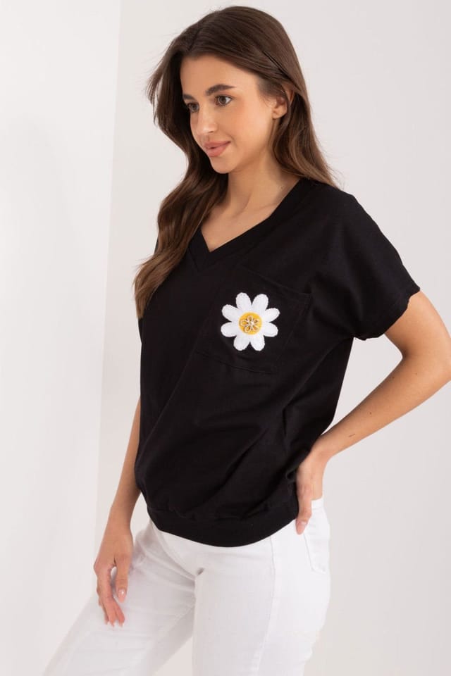 Love Lace Love Lace Women's Cotton Heart Neck Embroidered Flower Pocket Blouse in Black - 2