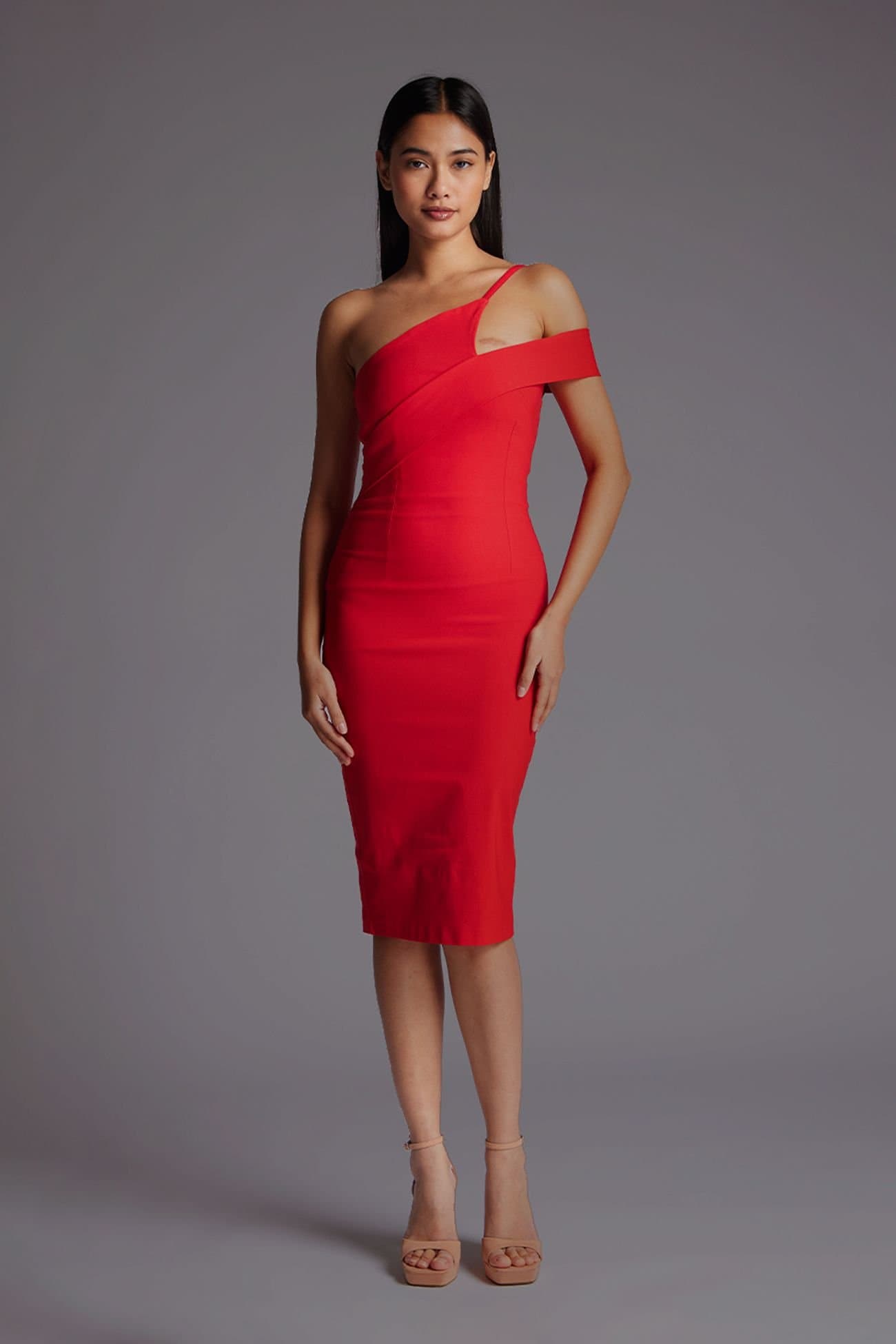 Vesper Vesper Red One Shoulder Asymmetric Midi Dress