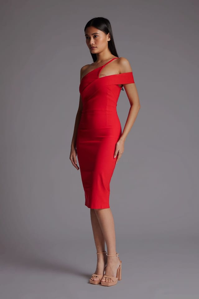 Vesper Vesper Women's One Shoulder Asymmetric Midi Dress in Red - 2