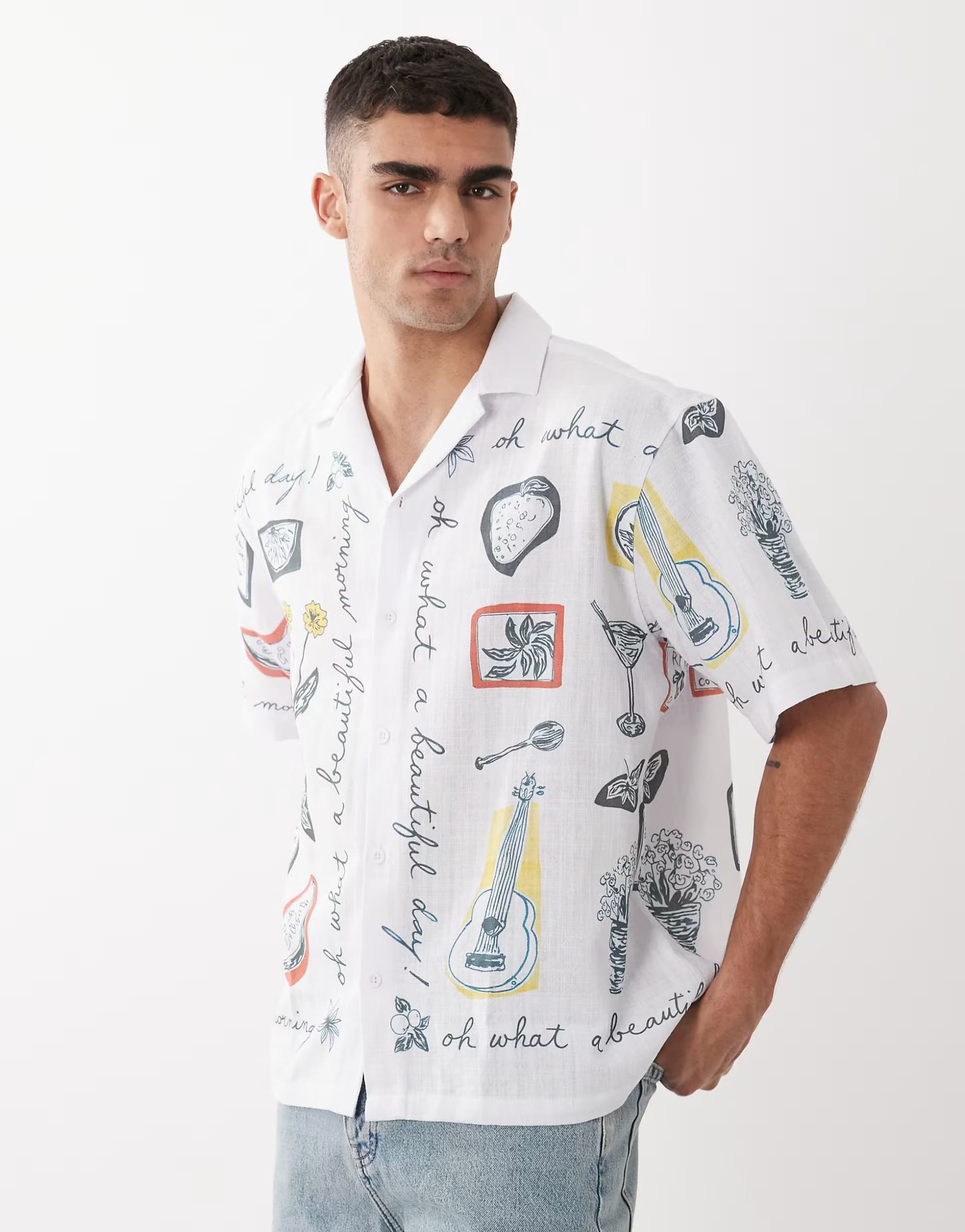 ASOS ASOS DESIGN oversized revere shirt with summer print in white