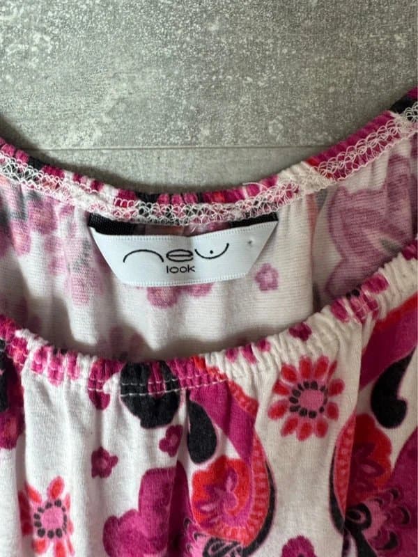 New Look y2k pink and white paisley printed tie back milkmaid style short sleeve top