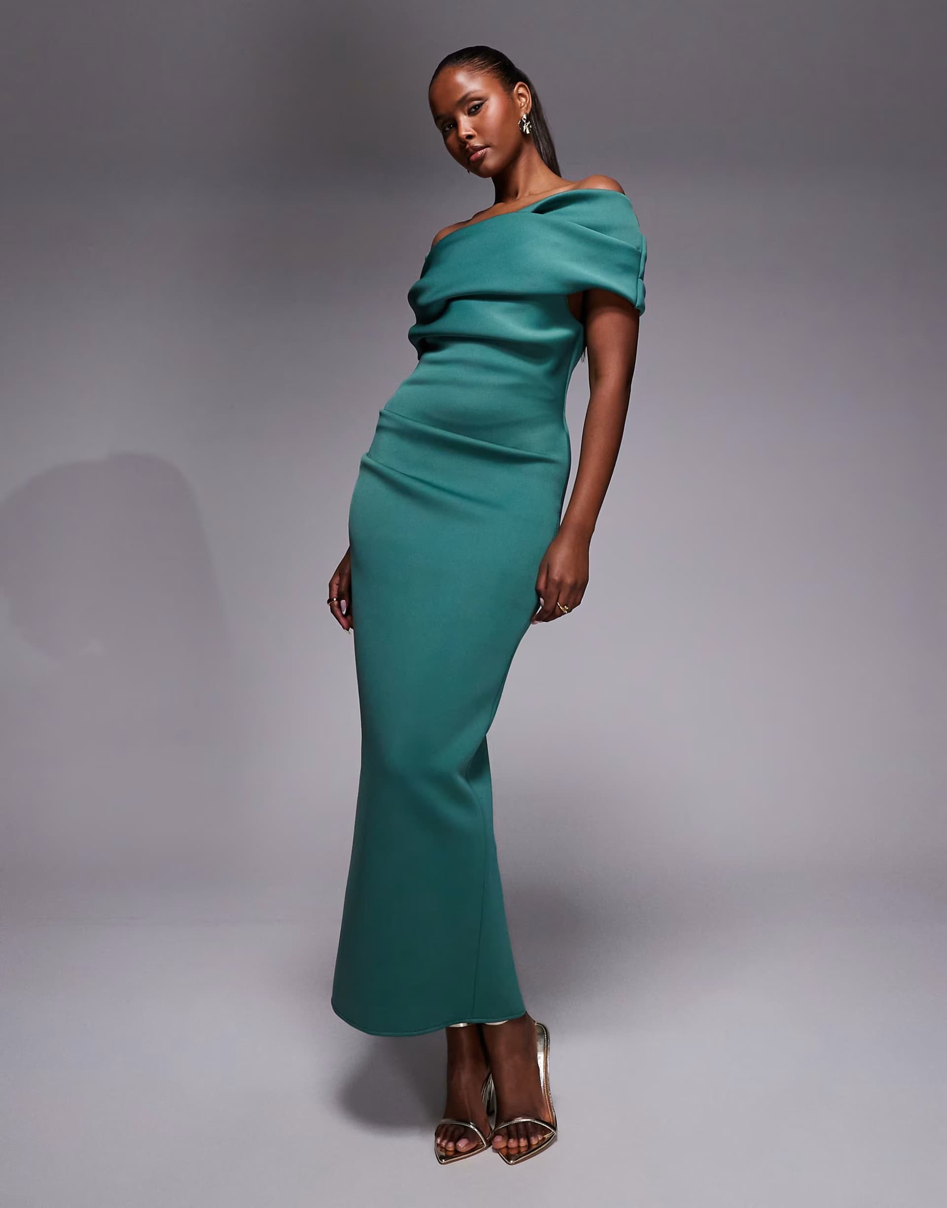 ASOS ASOS DESIGN ruched bardot midi dress in teal scuba-style fabric