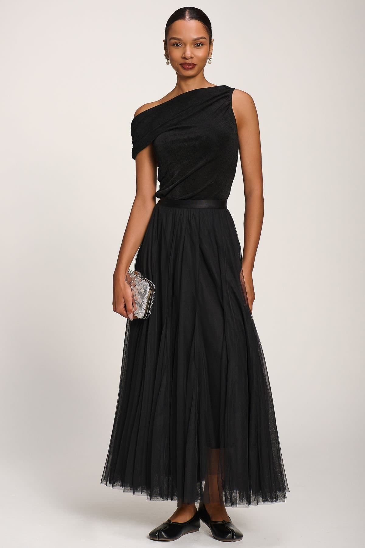 Jolie Moi Jolie Moi Women's Tulle Godet Maxi Skirt in Black
