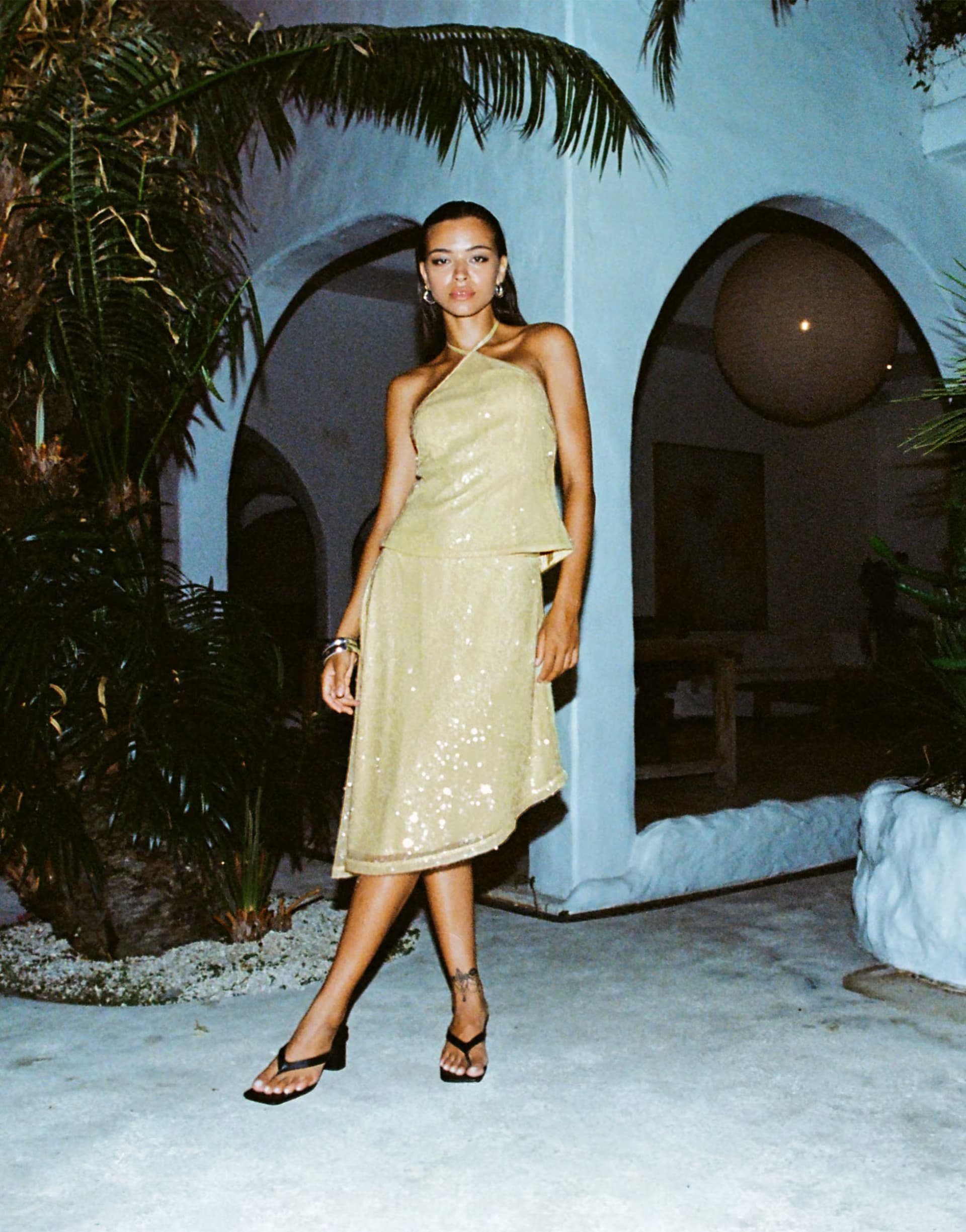 ASOS Princess Polly Sun Salutations sequin halterneck tie back top and midi skirt co-ord in yellow