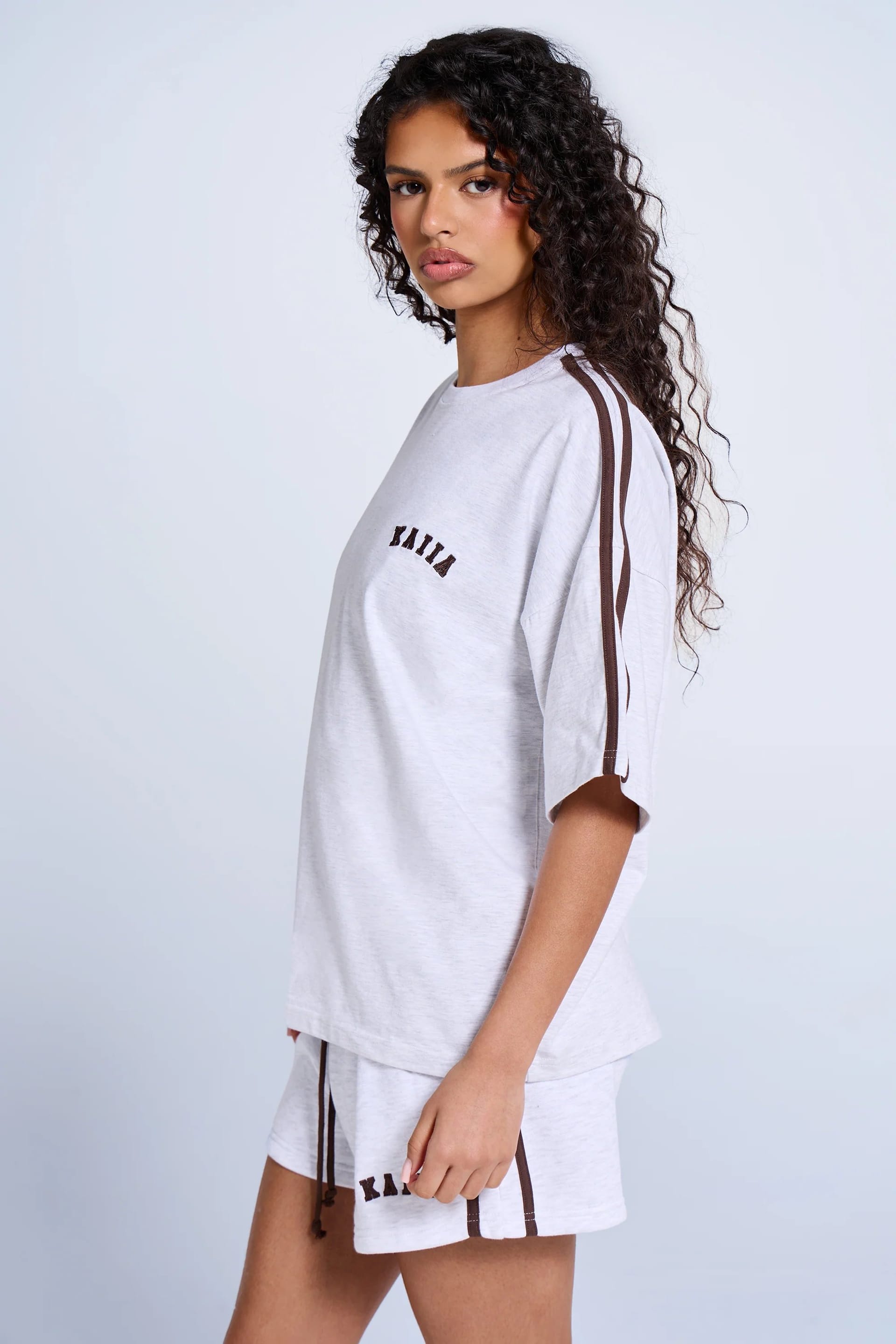 Kaiia Light Grey Marl & Brown Side Stripe Oversized T-shirt