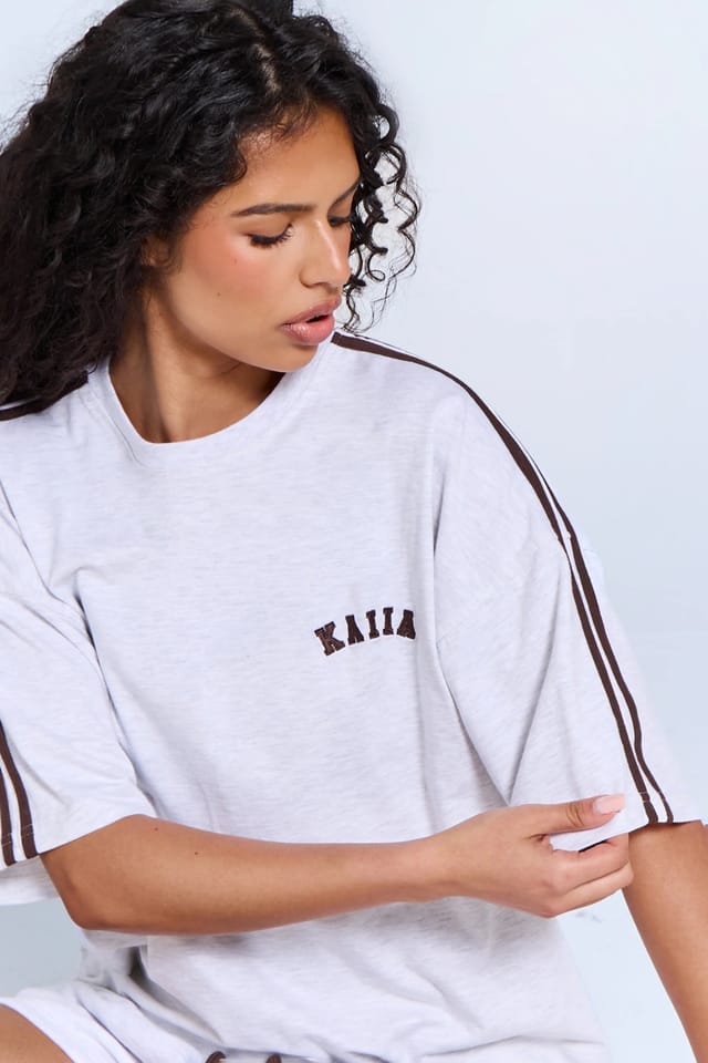 Kaiia Kaiia Side Stripe Oversized T-shirt Light Grey Marl & Brown - 2