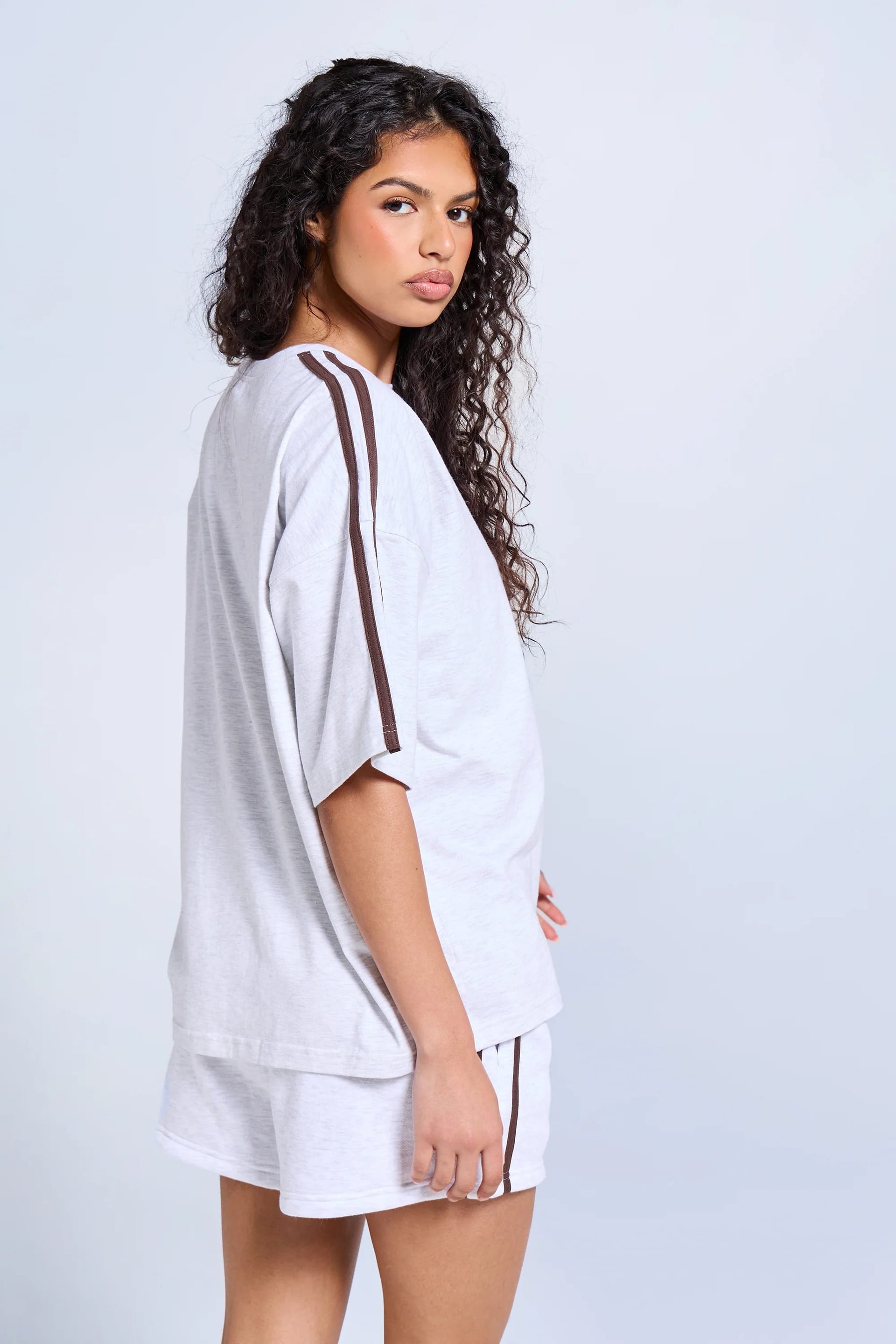 Kaiia Kaiia Side Stripe Oversized T-shirt Light Grey Marl & Brown - 4