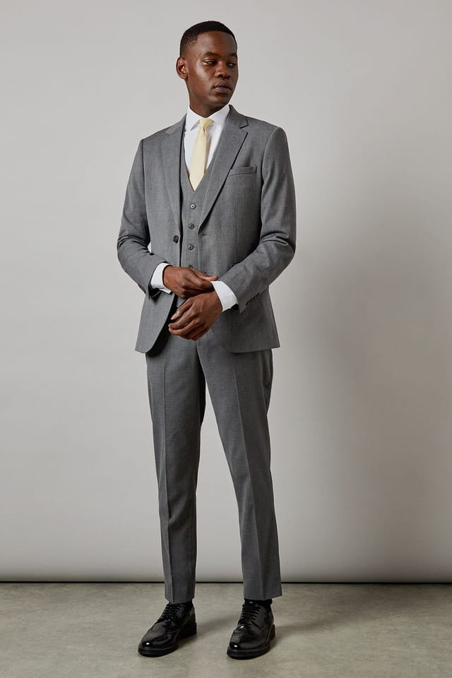 Burton Burton Men's Mid Grey Twill Slim Fit Suit Jacket - 2