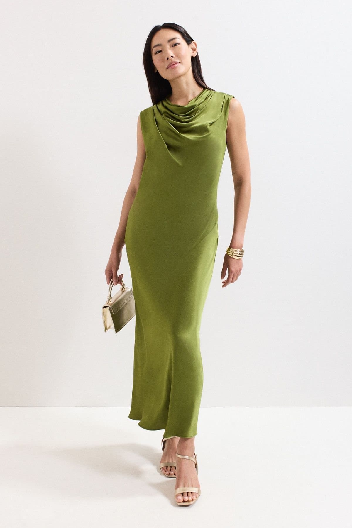 Phase Eight Phase Eight Women's Hallie Green Satin Cowl Neck Midi Dress in Olive